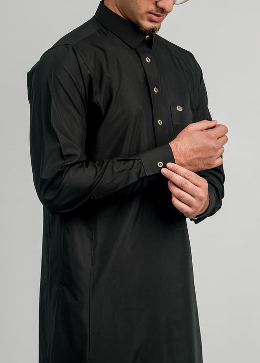 Imaarah Collared Thobe Black With Gold Button - view 2