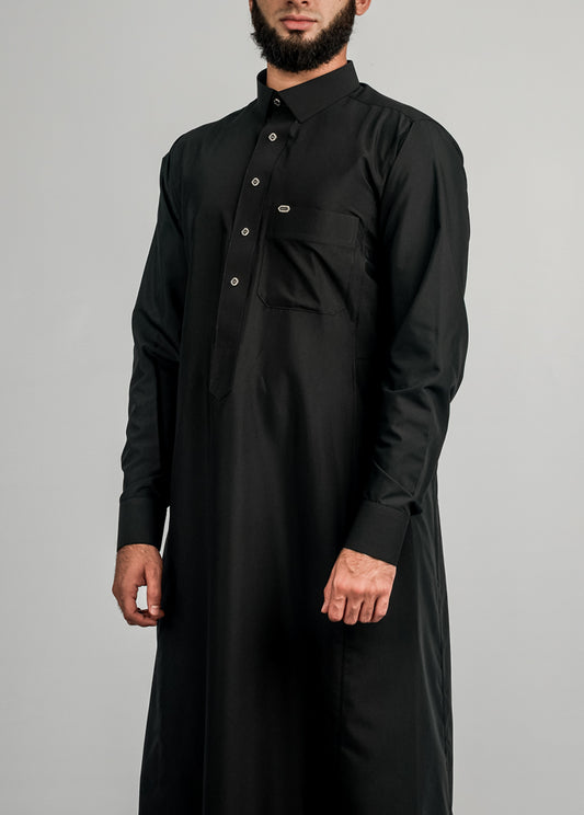 Imaarah Collared Thobe Black With Silver Button