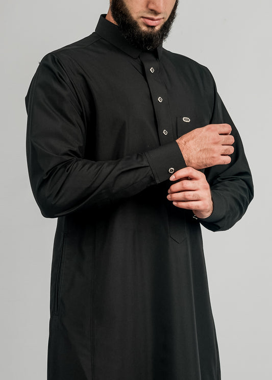 Imaarah Collared Thobe Black With Silver Button - view 2