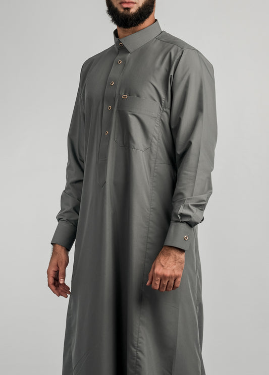 Imaarah Collared Thobe Grey With Gold Button