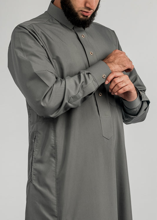 Imaarah Collared Thobe Grey With Gold Button - view 2