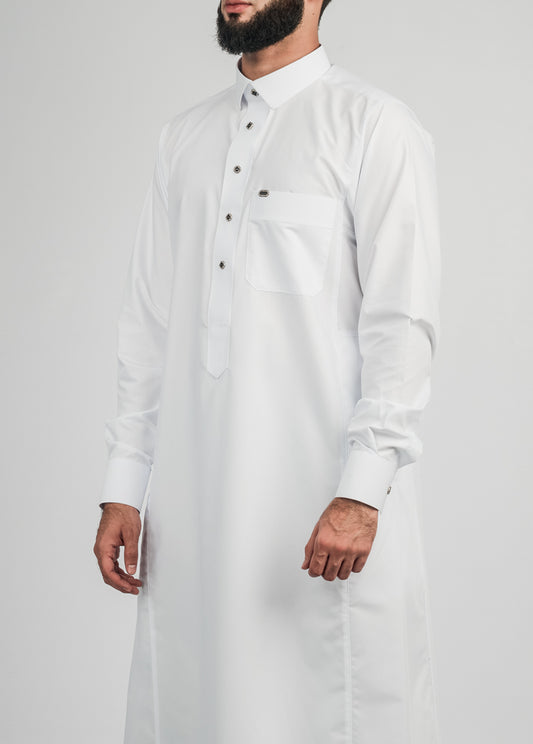 Imaarah Collared Thobe White With Gold Button