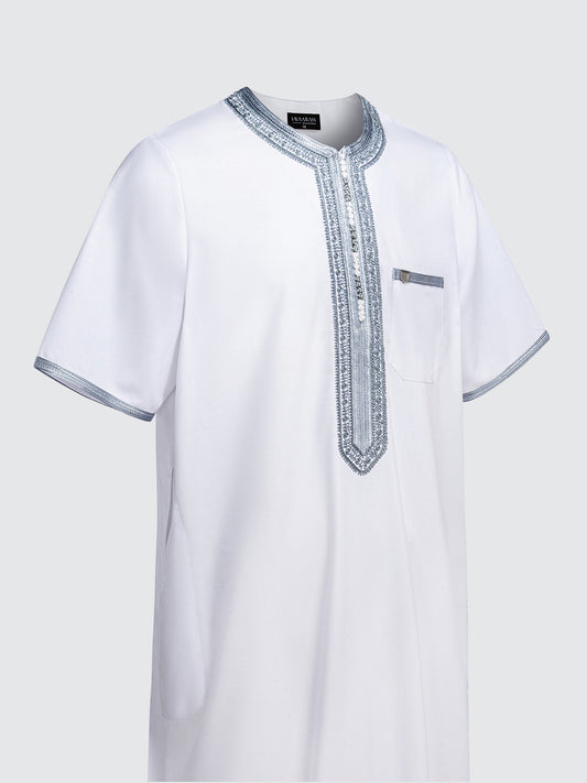 Imaarah Moroccan Short Sleeve Thobe White with Grey - view 2