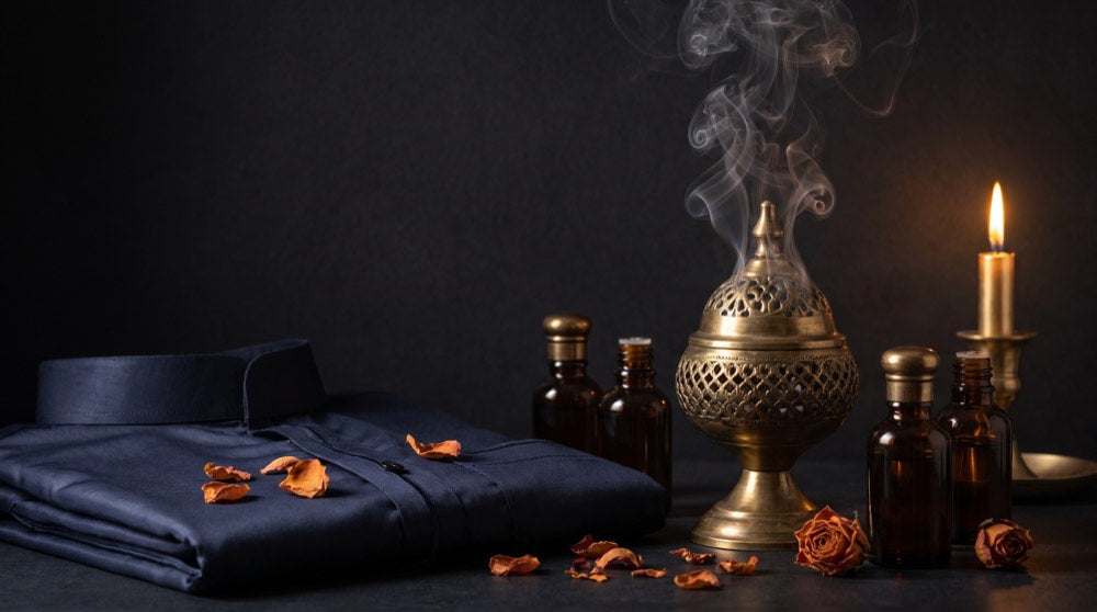 A brass mabkhara, oils and a candle in a dark room