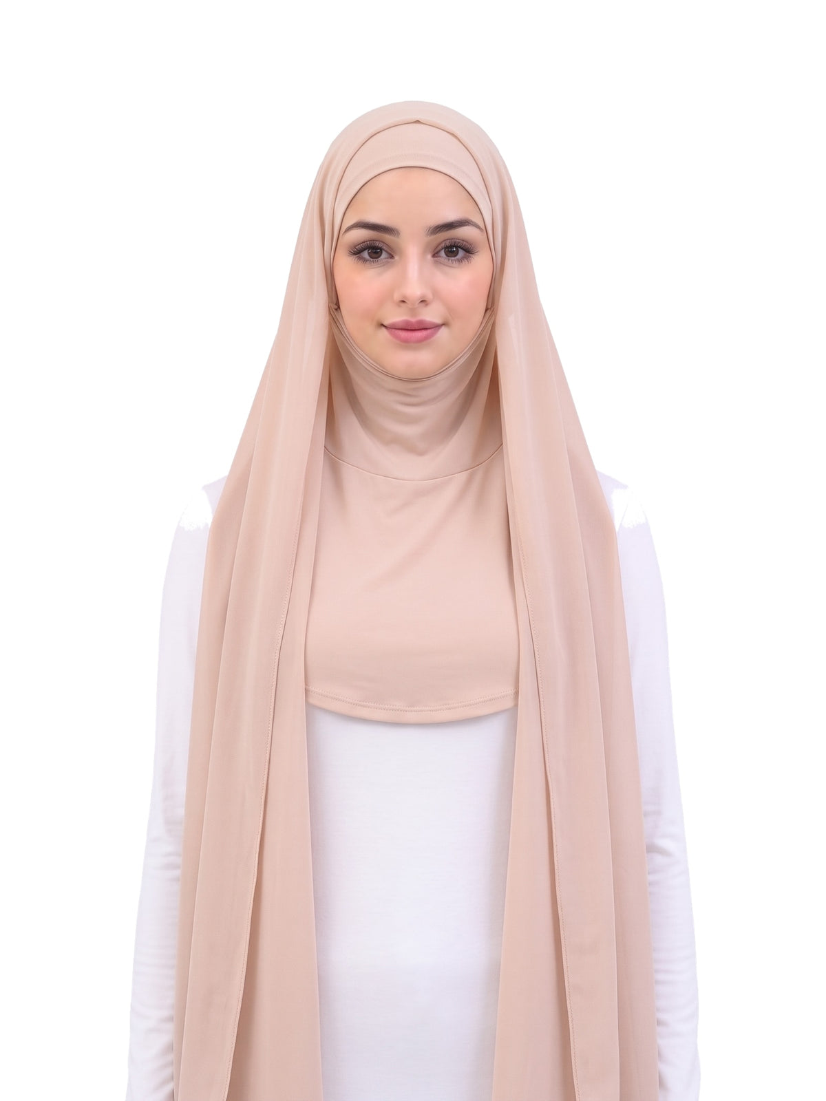 Beige Imaarah Ninja Chiffon Shawl, front view, scarf open showing the attached burqa