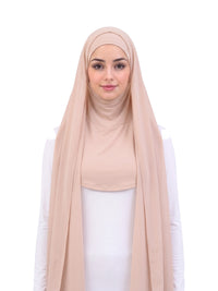 Beige Imaarah Ninja Chiffon Shawl, front view, scarf open showing the attached burqa