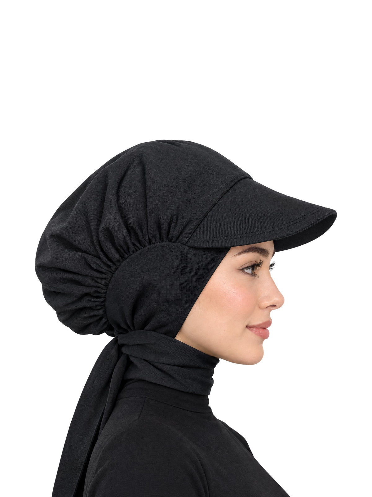 Imaarah Sports Hijab with Cap in black, side view showing visor and neck ties