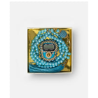 Amaani Tasbeeh Set, sky blue pearl beads with jewelled digital counter in gold gift box