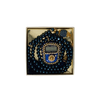 Amaani Tasbeeh Set, dark blue pearl beads with jewelled digital counter in gold gift box