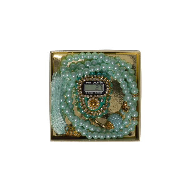 Amaani Tasbeeh Set, mint pearl beads with jewelled digital counter in gold gift box