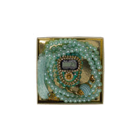 Amaani Tasbeeh Set, mint pearl beads with jewelled digital counter in gold gift box