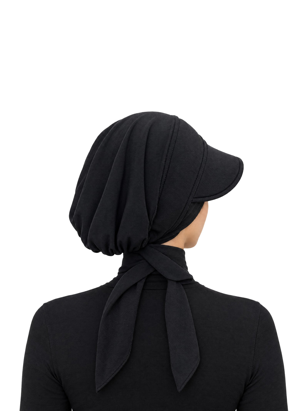 Imaarah Sports Hijab with Cap in black, back view showing gathered elastic back