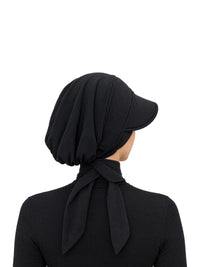 Imaarah Sports Hijab with Cap in black, back view showing gathered elastic back