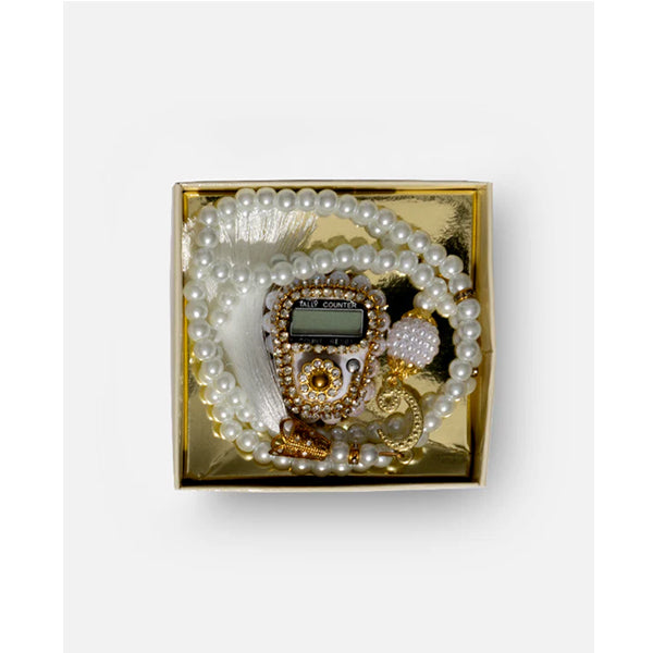 Amaani Tasbeeh Set, cream pearl beads with tassel and jewelled counter in gold gift box