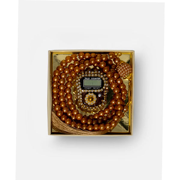 Amaani Tasbeeh Set, brown pearl beads with jewelled digital counter in gold gift box
