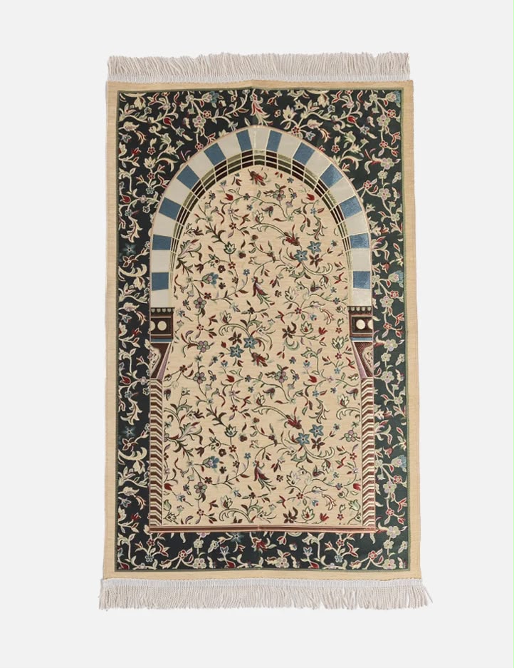 Amaani Al Rawda Musallah in Cream, prayer mat printed with Masjid an-Nabawi