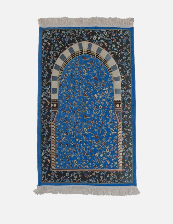 Amaani Al Rawda Musallah in Blue, prayer mat printed with Masjid an-Nabawi
