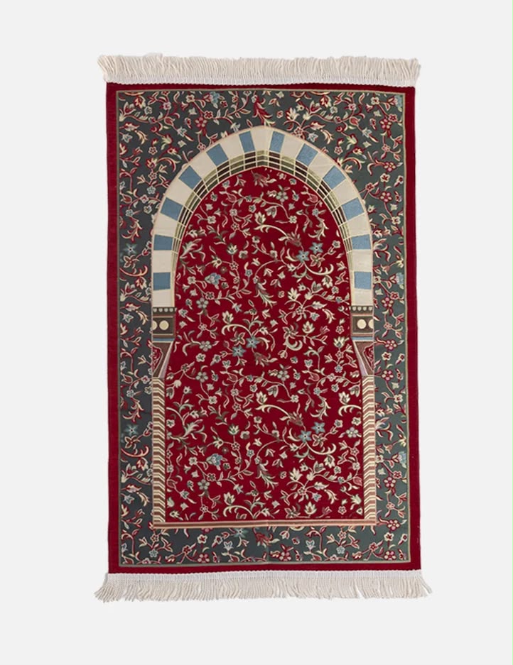 Amaani Al Rawda Musallah in Red, prayer mat printed with Masjid an-Nabawi