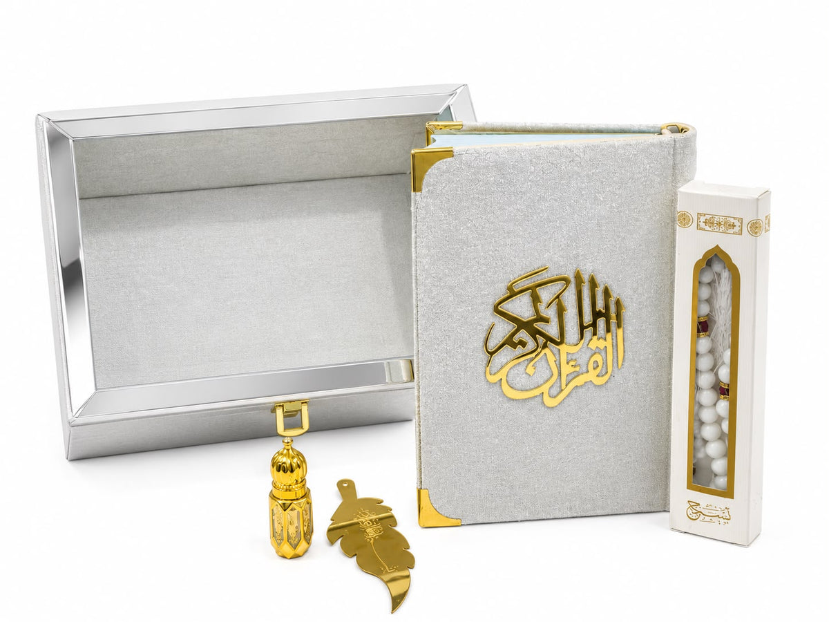 Rahma Quran Gift Set 5 Piece, velvet gift box with Quran, tasbeeh and attar