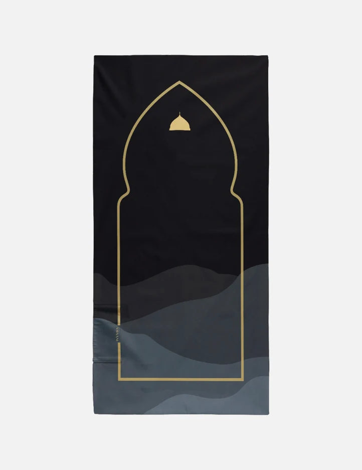 Amaani Safar Pocket Prayer Mat, Medinah Black design with gold arch and dome