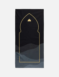 Amaani Safar Pocket Prayer Mat, Medinah Black design with gold arch and dome