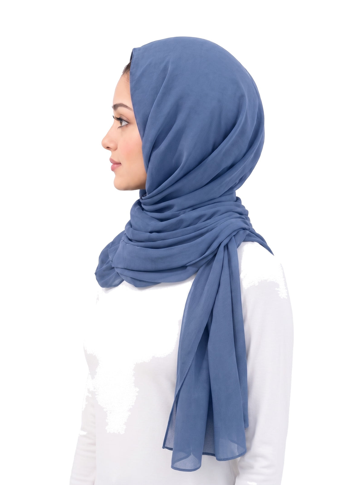 Blue Imaarah Ninja Chiffon Shawl, side view, scarf draped around the shoulders