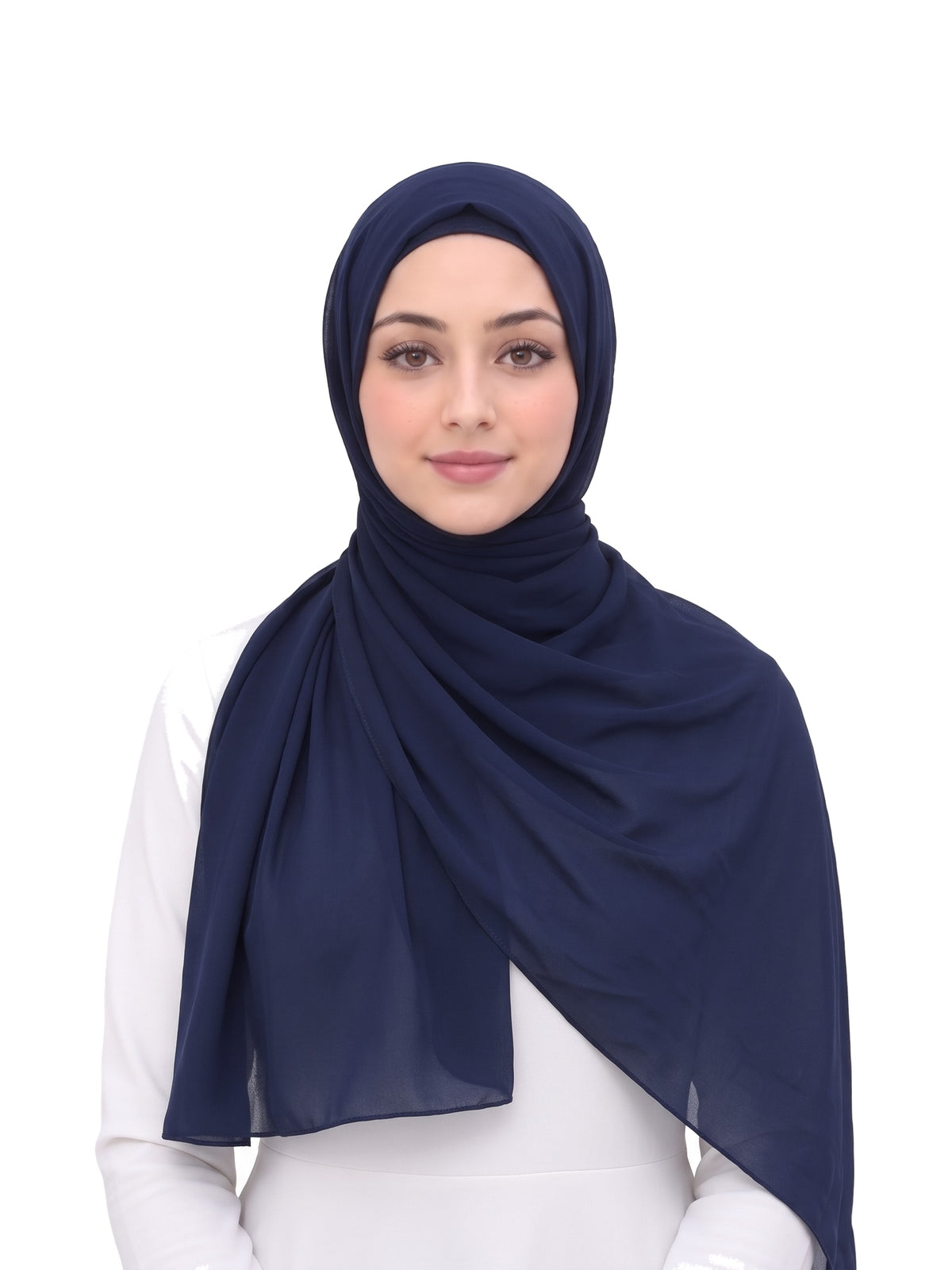 Navy Imaarah Ninja Chiffon Shawl, front view, scarf wrapped and draped
