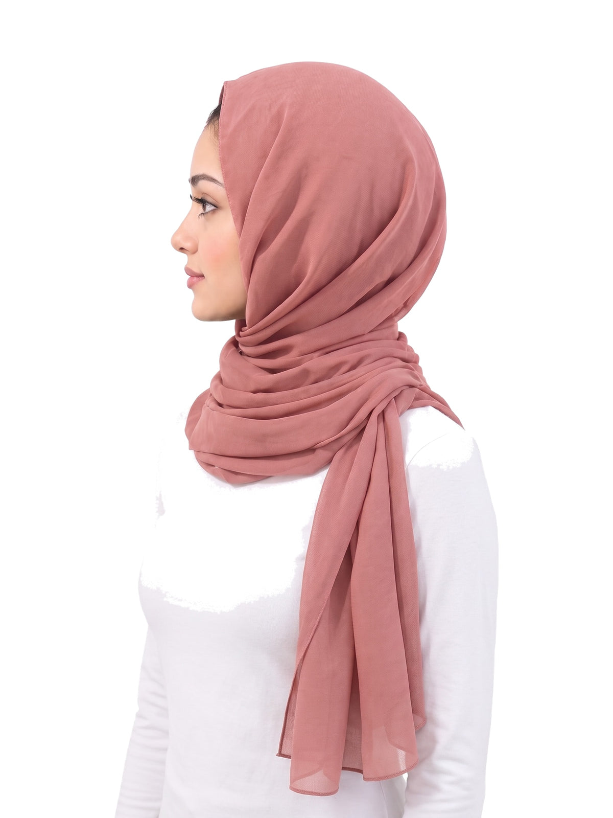 Pink Imaarah Ninja Chiffon Shawl, side view, scarf draped around the shoulders