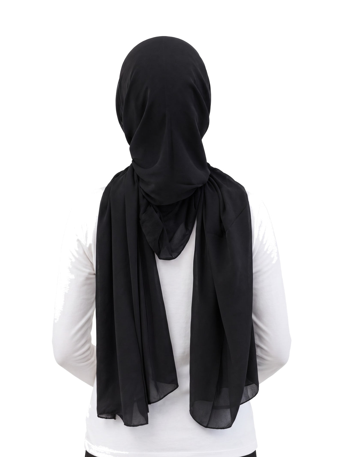 Black Imaarah Ninja Chiffon Shawl, back view, scarf draped over the shoulders