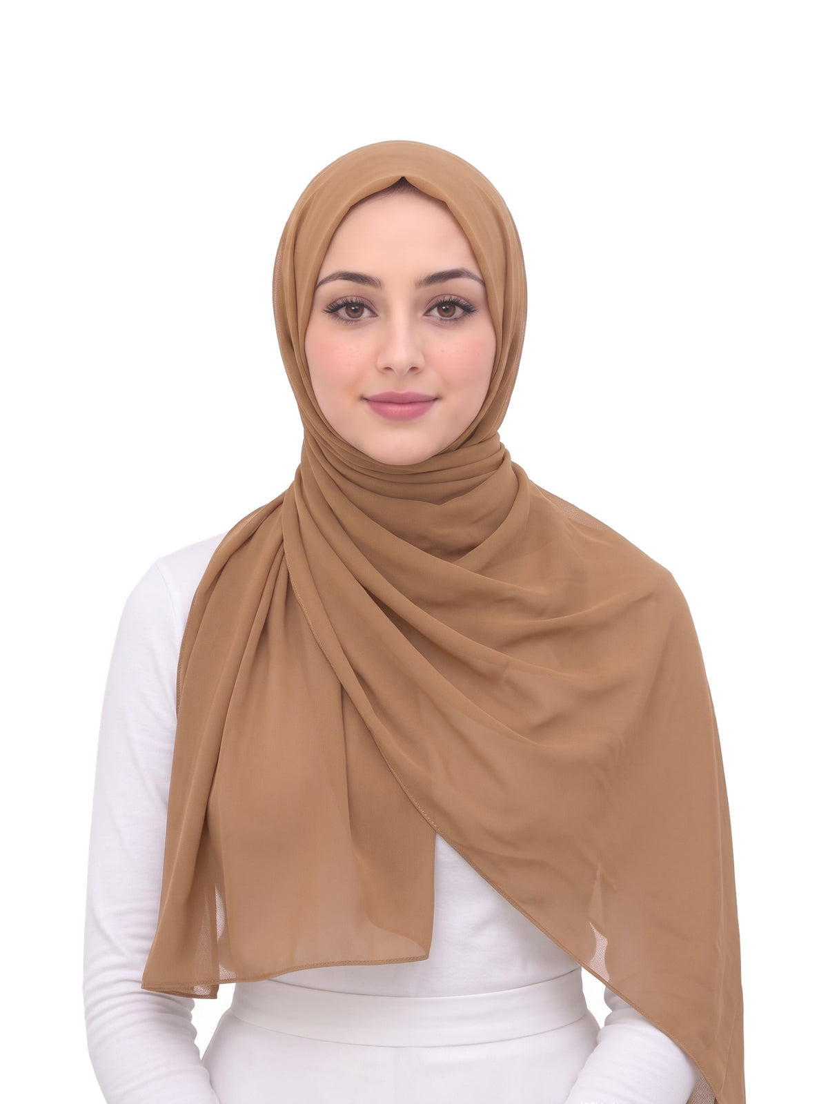 Tan Imaarah Ninja Chiffon Shawl, front view, scarf wrapped and draped