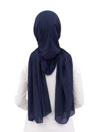 Navy Imaarah Ninja Chiffon Shawl, back view, scarf draped over the shoulders