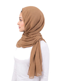 Tan Imaarah Ninja Chiffon Shawl, side view, scarf draped around the shoulders