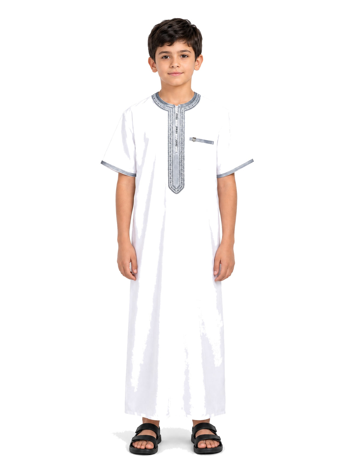 Imaarah Sabil Kids Moroccan Thobe, White with grey embroidery, worn front view