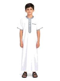 Imaarah Sabil Kids Moroccan Thobe, White with grey embroidery, worn front view