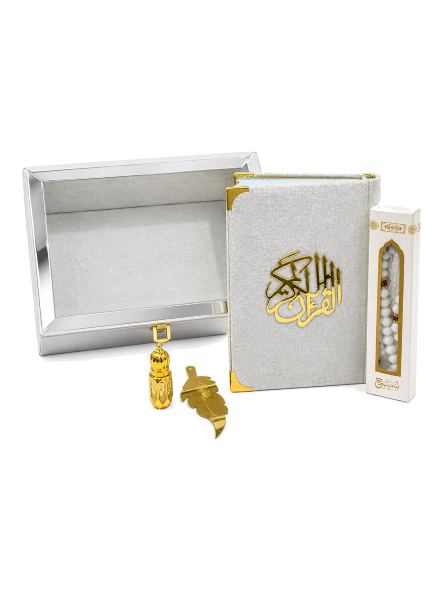 Rahma Quran Gift Set 5 Piece, velvet gift box with Quran, tasbeeh and attar