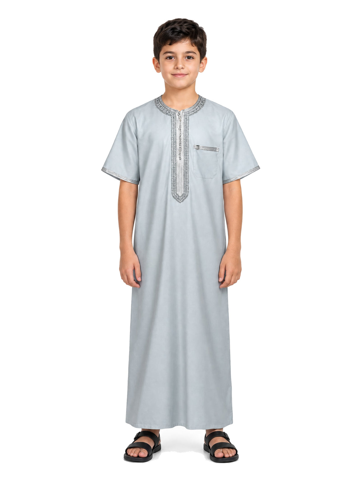 Imaarah Sabil Kids Moroccan Thobe, Cool Grey with silver-grey embroidery, worn front view