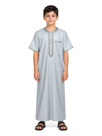 Imaarah Sabil Kids Moroccan Thobe, Cool Grey with silver-grey embroidery, worn front view
