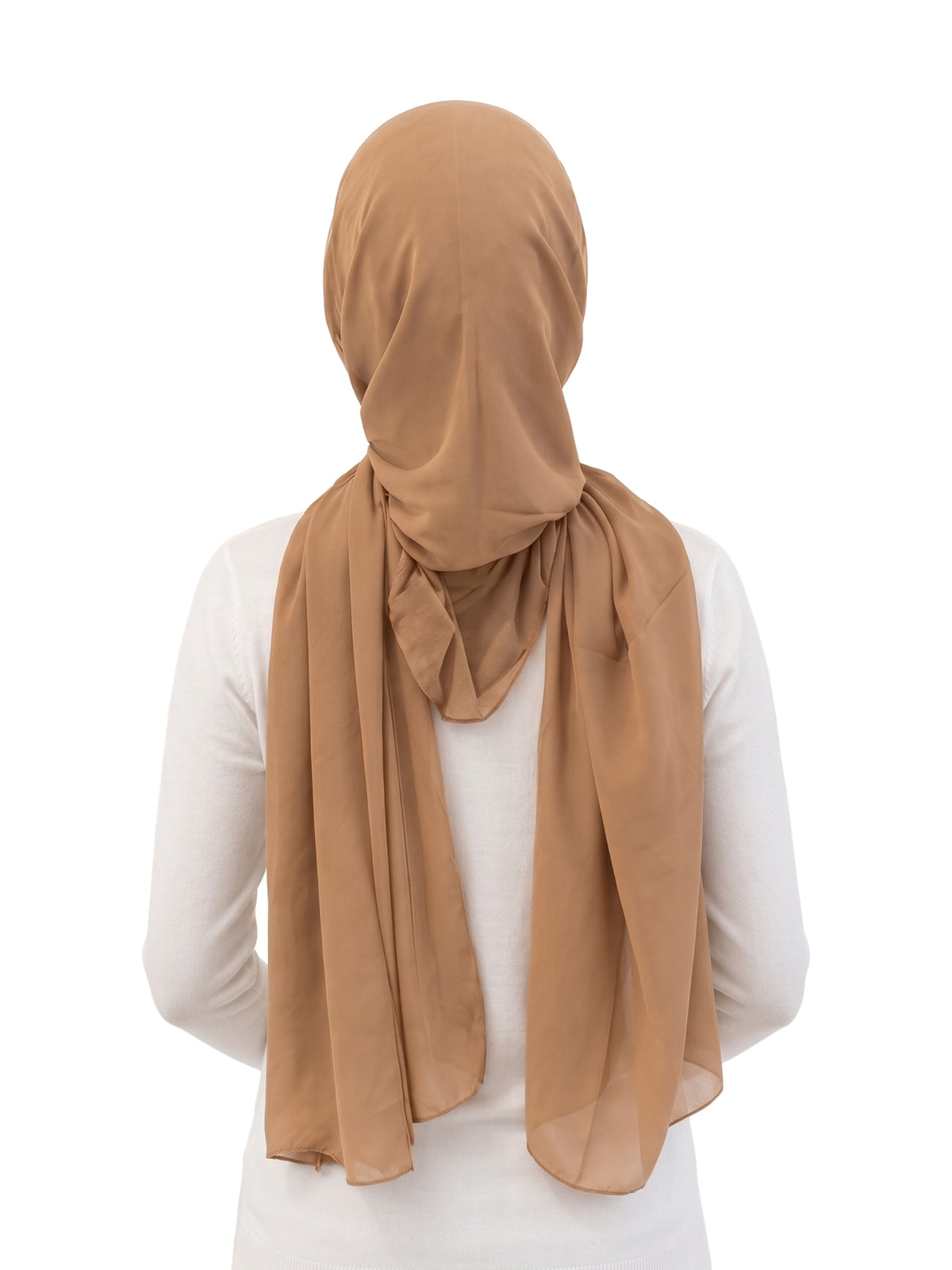 Tan Imaarah Ninja Chiffon Shawl, back view, scarf draped over the shoulders