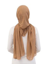 Tan Imaarah Ninja Chiffon Shawl, back view, scarf draped over the shoulders