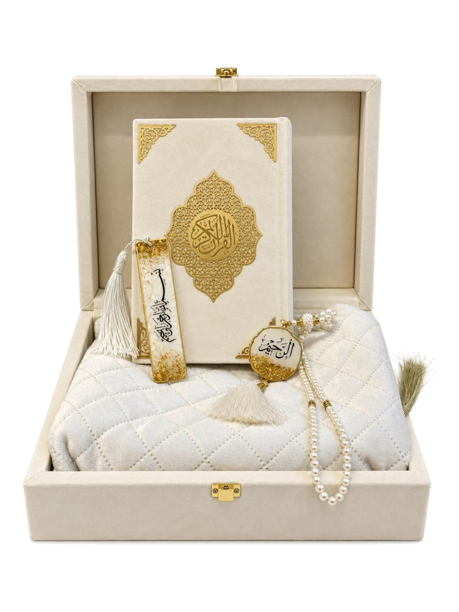 Imaan Quran Gift Set 5 Piece in White, open box with Quran, tasbeeh, bookmark and quilted musallah