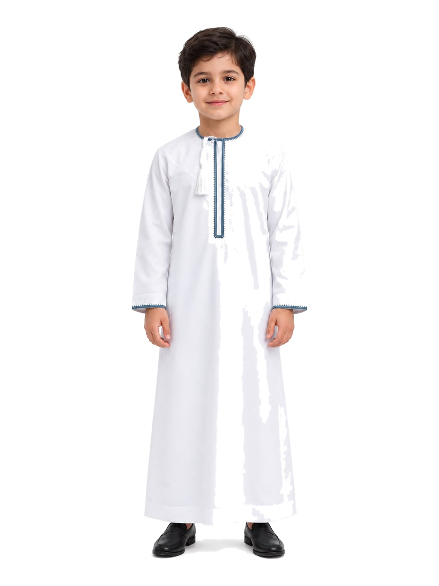 Imaarah Omani Kids thobe, White with teal detailing