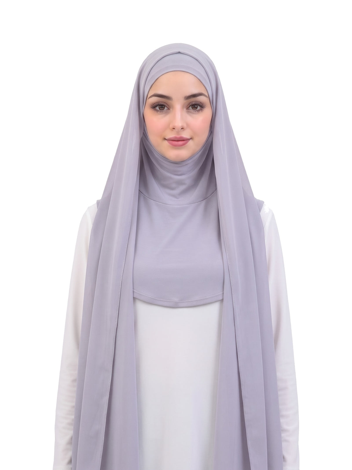 Grey Imaarah Ninja Chiffon Shawl, front view, scarf open showing the attached burqa