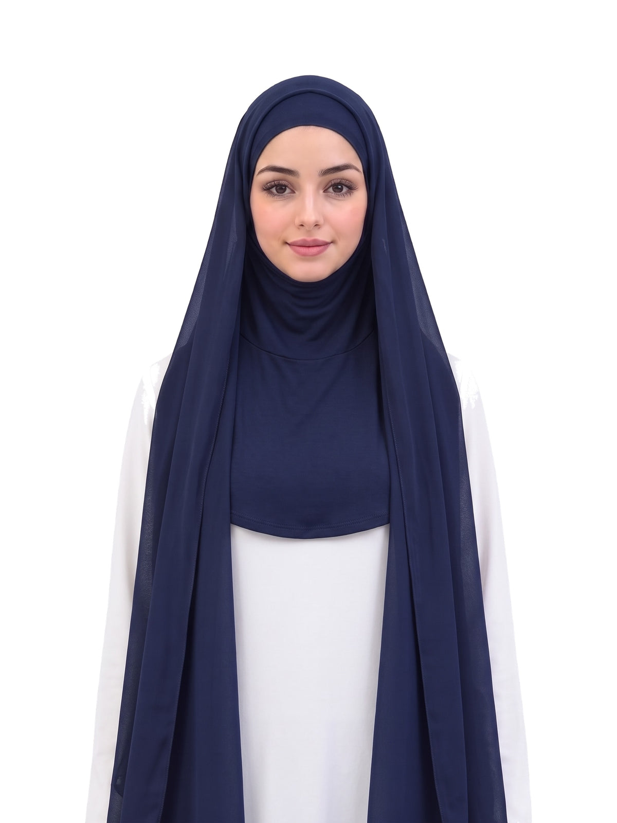 Navy Imaarah Ninja Chiffon Shawl, front view, scarf open showing the attached burqa