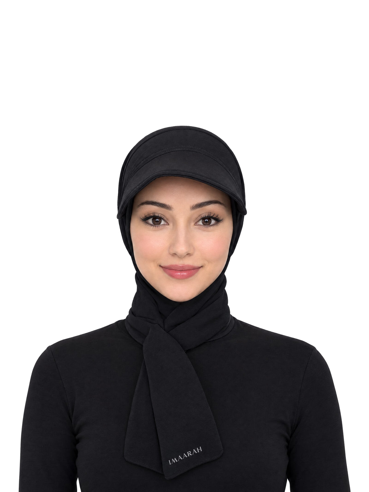 Imaarah Sports Hijab with Cap in black, front view on model
