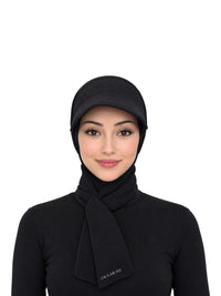 Imaarah Sports Hijab with Cap in black, front view on model
