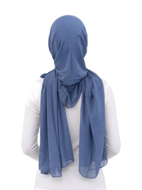 Blue Imaarah Ninja Chiffon Shawl, back view, scarf draped over the shoulders