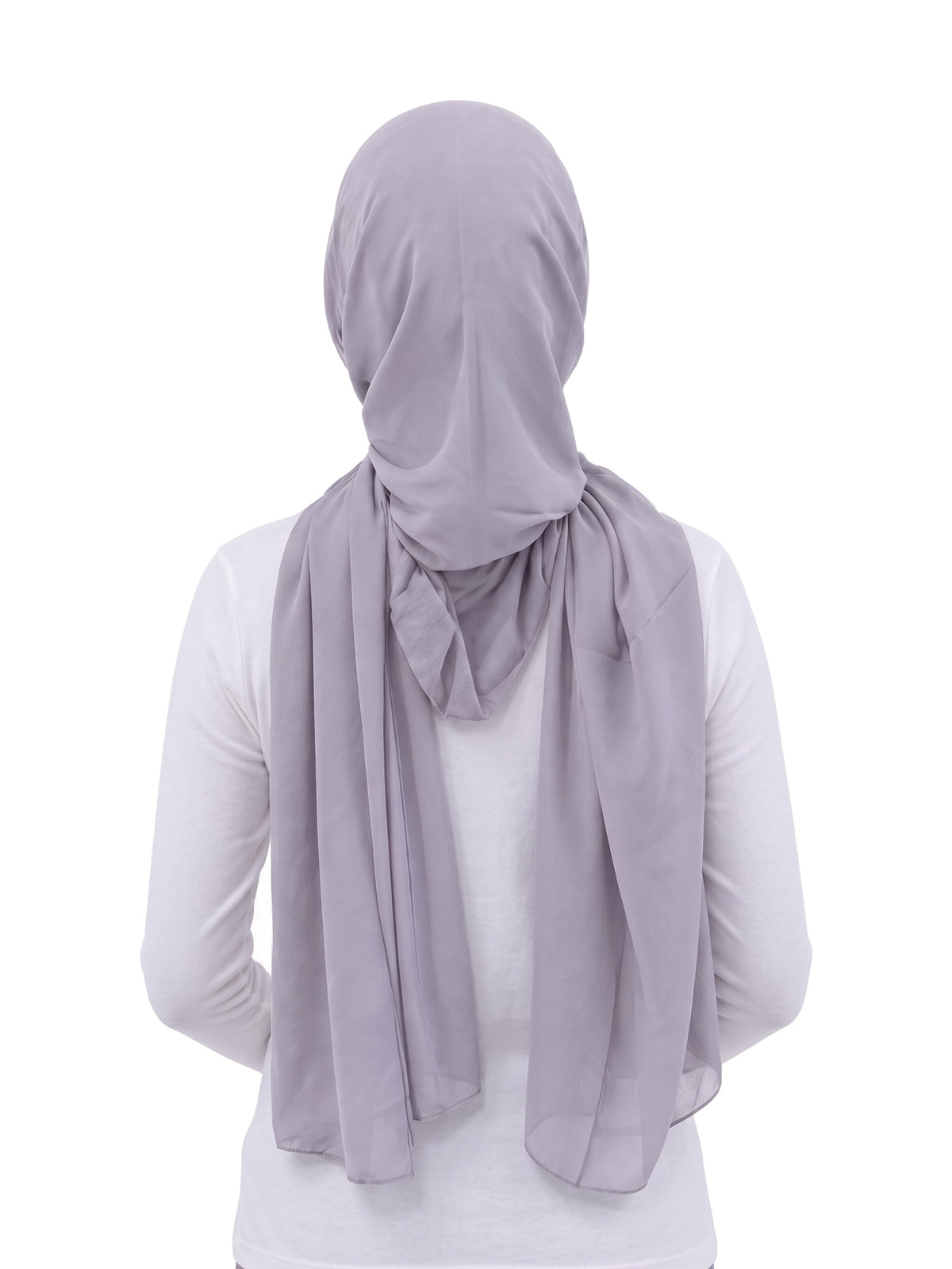 Grey Imaarah Ninja Chiffon Shawl, back view, scarf draped over the shoulders