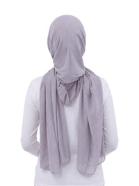 Grey Imaarah Ninja Chiffon Shawl, back view, scarf draped over the shoulders