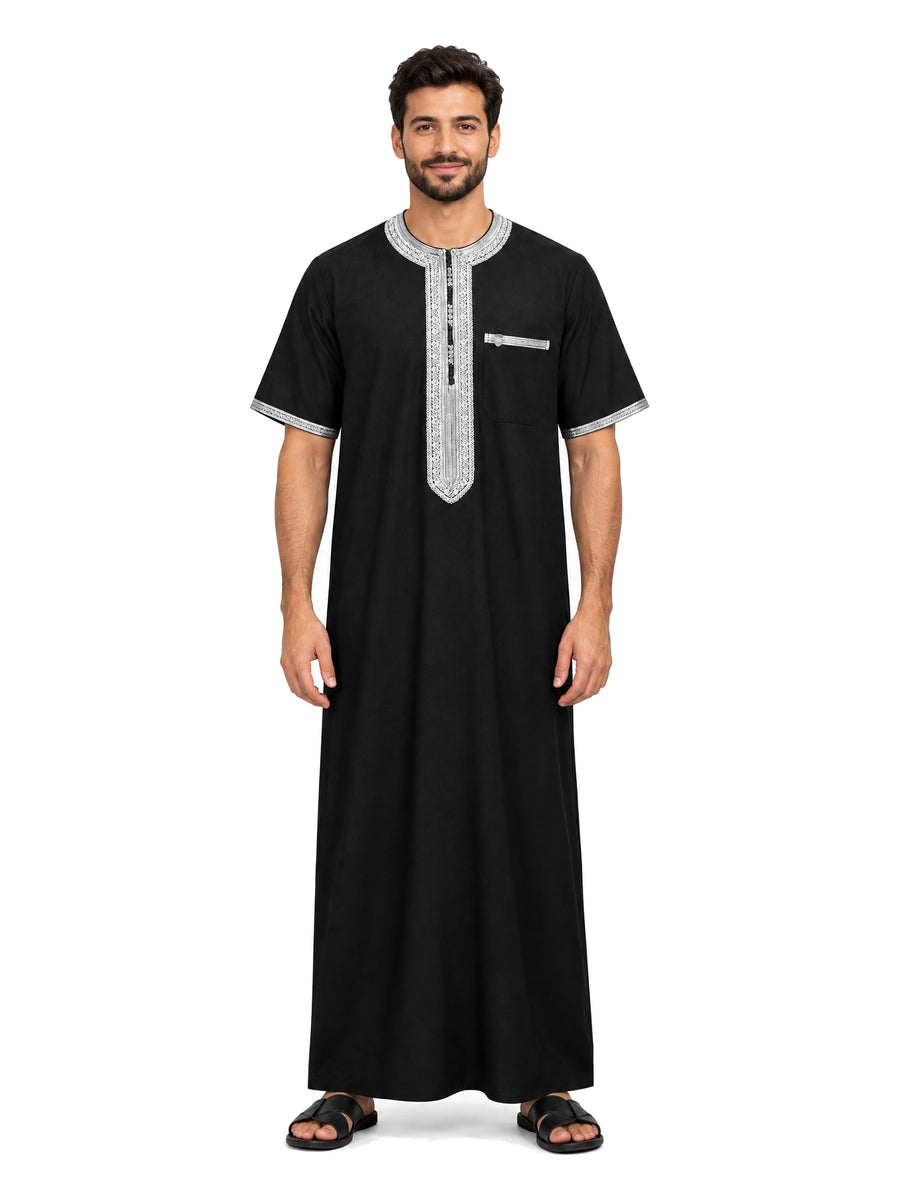 Black with Grey embroidered Moroccan short sleeve thobe, worn by a model