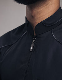 Amaani Edge Kids Mandarin Thobe, Black, collar and zip pull close up